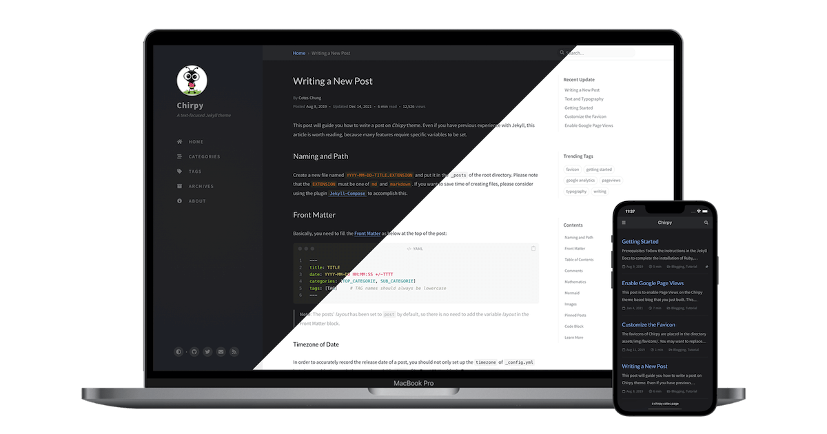Chirpy mavzusining bir nechta qurilmalarda moslashuvchan ko'rinishi.
